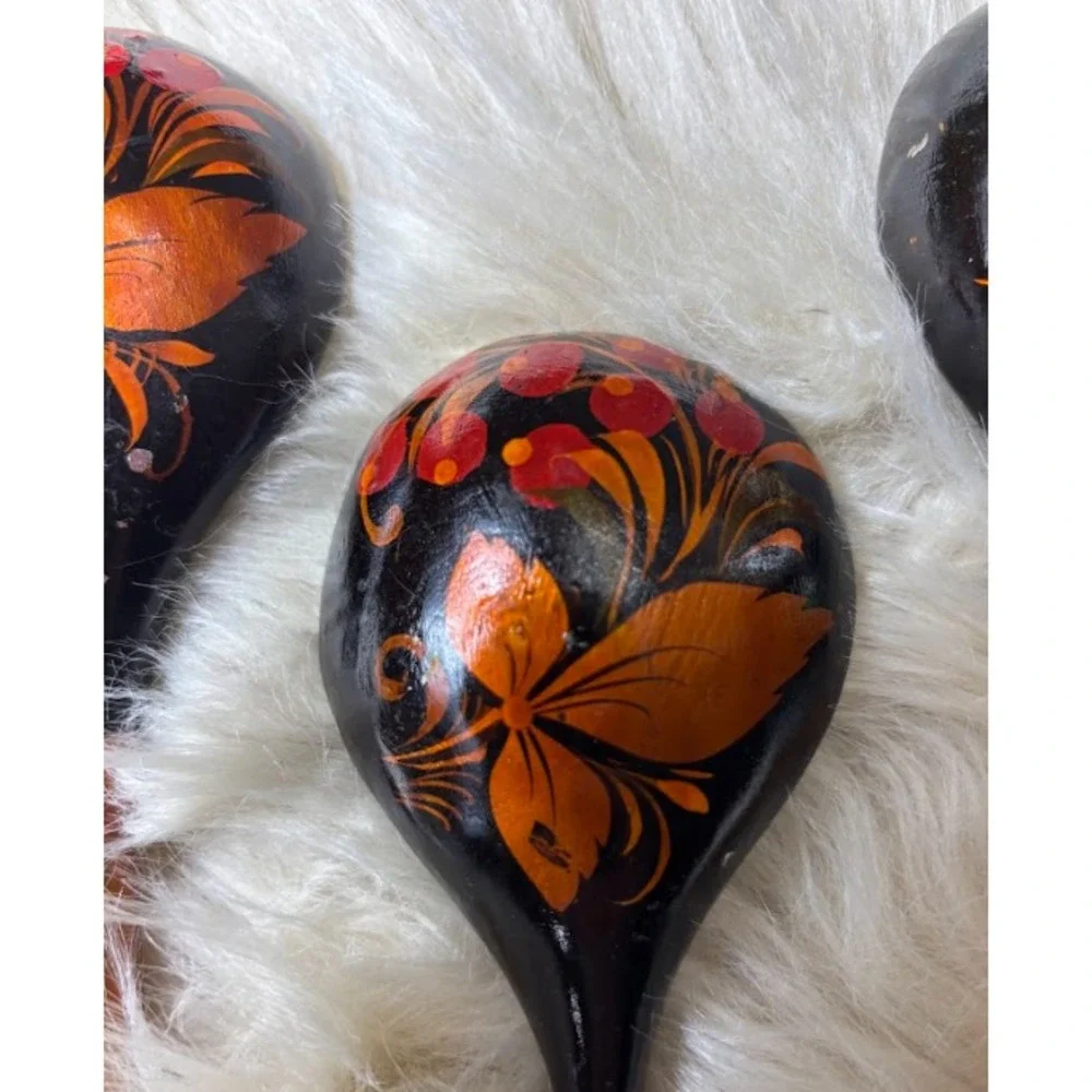 Vintage Khokhloma‎ Wooden Spoons Set 5 Hand Painted Russian Folk Art USSR Decor